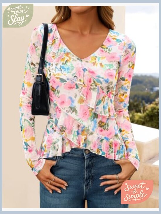 Tops - Long Sleeve Floral V-Neck Blouse with Ruffle Detail, Slim Fit